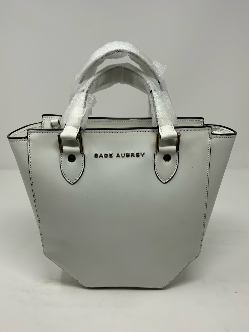 Sage Aubrey Mini Lordes White Leather Tote Bag Structured top handle & strap